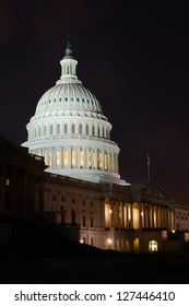 Washington DC, US Capitol Building East Facade In Winter - Night Shot