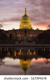 Washington DC, US Capitol Building In A Cloudy Sunrise 