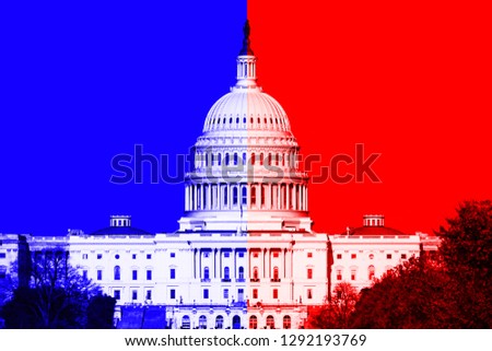 Washington DC, US Capitol Building; with divided blue and red color overlay.