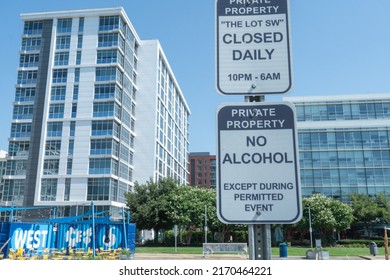 Washington, DC US - June 16 2022: Street Signs Marking Private Property Boundaries Of The Lot SW And Rules On Alcohol Consumption