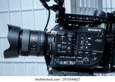 Washington, D.C. US - May 13, 2021: In Studio Setup Of Sony Cinema Camera Rig With Attached G Master 24mm Wide Angle Prime On 4k Camera Body For Independent News Gathering And Documentary Filmmaking