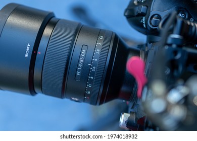 Washington, D.C. US - May 13, 2021: Direct Overhead Above Top View Of An Attached E Mount Sony G Master Lens To A Rigged Camera Body For Recording Live Video Shot For Tv By Freelance Camera Person