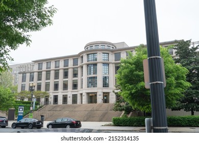 Washington, DC US - May 3, 2022: Entrance Stairway To Prestigious Post Graduate Juris Doctor School Georgetown University Law Center McDonough Hall Seen From Across New Jersey Avenue