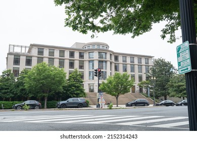 Washington, DC US - May 3, 2022: Georgetown University Law Center McDonough Hall Main Entrance And Staircase Seen From Across The Street Crosswalk On New Jersey Avenue