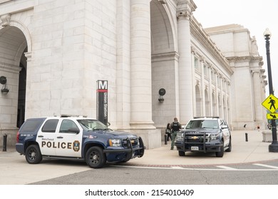 Washington, DC US - May 3, 2022: Two Metro Transit Police SUV Vehicles On The West Side Of Union Station Columbus Circle