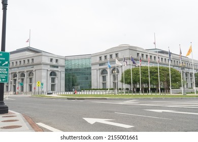 Washington, DC US - May 3, 2022: Thurgood Marshall Building Federal Judiciary Center And Its Main Entrance Flag Court Seen From Columbus Circle, In Front Of Union Station