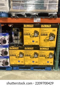 Washington DC, US - September 18, 2022: Dewalt Shop Vac Vacuum Cleaners On An Open Wooden Shipping Palette Ready For Retail On The Sales Floor Of A Costco Warehouse