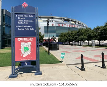 Washington, D.C. / US - September 25 2019: Park Directory Sign Outside Nationals Park Entrance Along South Capitol Street Anacostia Waterfront For The MLB 2019 Postseason World Series