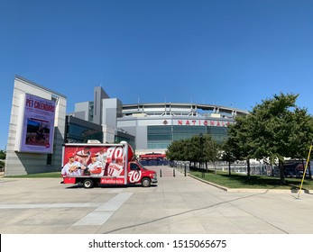 Washington, D.C. / US - September 25 2019: World Series Go Nats! Natmobile Parked Outside Nationals Park Entrance Along South Capitol Street In Southeast DC Waterfront MLB Stadium