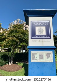 Washington, DC / US - September 27 2019: Georgetown University School Of Law Sign In Front Of Main Entrance To Administrative Building