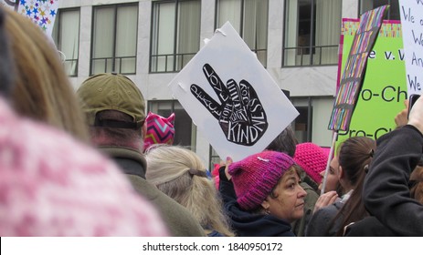 Washington, DC / USA - 01/21/2017: Women's March On Washington Pink Hats And Protest Signs, View From The Crowd.