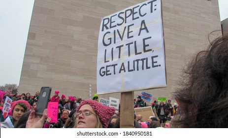 Washington, DC / USA - 01/21/2017: Women's March On Washington Pink Hats And RESPECT Protest Signs, View From The Crowd.