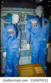 Washington DC, USA; 05 24 2014: The Blue Men Women Space Suits NASA Astronauts Wore When Flying On The Space Shuttle During Ascent And Reentry Exhibited At The Smithsonian Air And Space Museum.