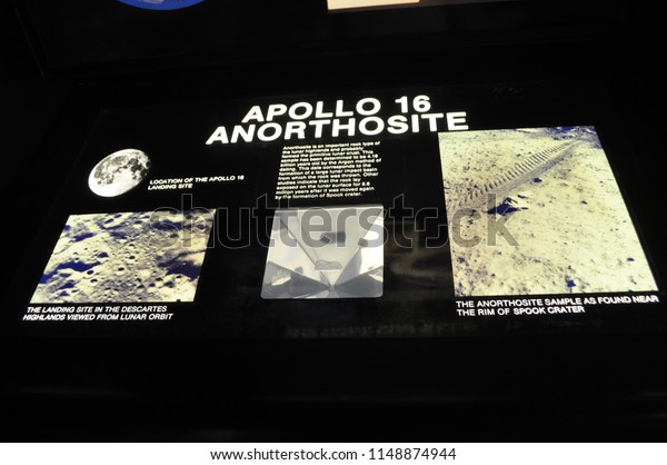 Washington DC, USA; 05\
24 2014: A sample of a Anorthosite rock from the surface of the\
Moon by the Apollo 16 mission exhibited at the Smithsonian Air and\
Space Museum.