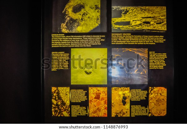 Washington DC, USA; 05 24 2014: Rocks,\
minerals, and soil found on the surface of the Moon by the Apollo\
program exhibited at the Smithsonian Air and Space\
Museum.