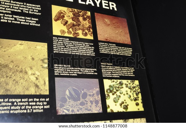 Washington DC, USA; 05 24 2014: Rocks,\
minerals, and soil found on the surface of the Moon by the Apollo\
program exhibited at the Smithsonian Air and Space\
Museum.