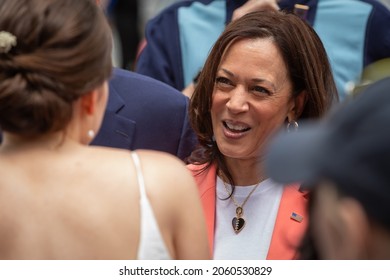 Washington, DC, USA - 12 June 2021: Kamala Harris, United States Vice-President, speaking with People in a Crowd surrounding her