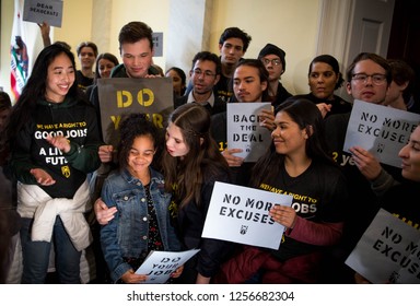 Washington, DC. USA. 12.10.18- Hundreds of young people occupy Representative offices to pressure the new Congress to support a committee for a Green New Deal. - Shutterstock ID 1256682304