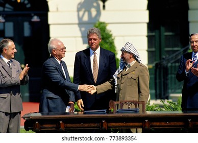 Washington, DC. USA. 13th September, 1993
Prime Minister Yitzhak Rabin Of Israel And The Palestine Liberation Organization Chairman, Yasser Arafat, Shake Hands After Signing The Peace Accords