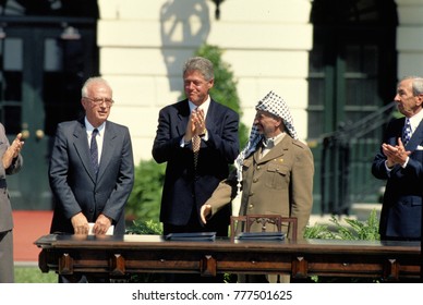 Washington, DC. USA, 13th September, 1993
Prime Minister Yitzhak Rabin Of Israel And The Palestine Liberation Organization Chairman, Yasser Arafat, Shake Hands In A Public Ceremony At The White House 