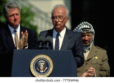 Washington, DC. USA, 13th September, 1993
Prime Minister Yitzhak Rabin Of Israel Delivers Remarks As Palestine Liberation Organization Chairman Yasser Arafat And President WIlliam Clinton Applaud 