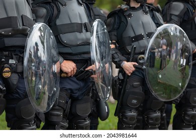 Washington, D.C., USA - 18 September 2021: Close-up Of Equipment Of Law Enforcement Officers Of The United States Capitol Police In Full Body Armor During A Protest