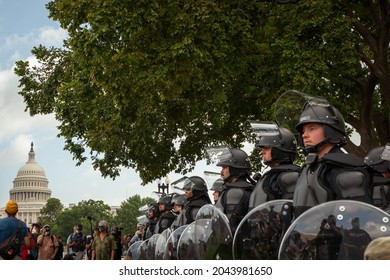 Washington, D.C., USA - 18 September 2021: Officers Of The United States Capitol Police In Full Body Armor In Front Of The US Capitol During A Protest