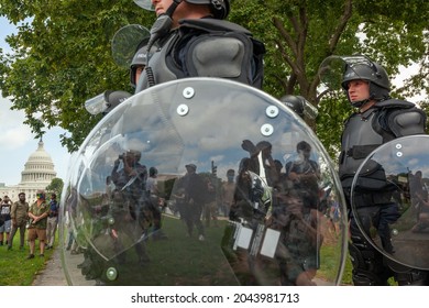 Washington, D.C., USA - 18 September 2021: Officers Of The United States Capitol Police In Full Body Armor In Front Of The US Capitol During A Protest