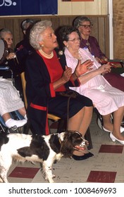 Washington, DC. USA, 1989
First Lady Barbara Bush And Her Dog Millie Visit A Senior Citizens Home. 
