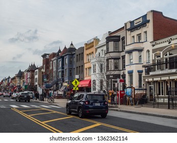 Washington DC, USA, 2 March 2019. Colorful Townhouses On Main Street In Entertainment District Of Adams Morgan