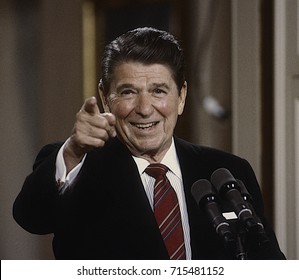 Washington DC. USA, 22nd May, 1984President Ronald Reagan during his news conference President Ronald Reagan points to reporter who gets the next question. 