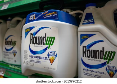 Washington, DC, USA - 23 July 2021: Different Roundup Weed Killer Products For Sale On A Shelf