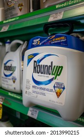 Washington, DC, USA - 23 July 2021: Different Roundup Weed Killer Products For Sale On A Shelf