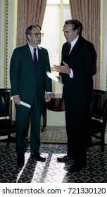 Washington DC. USA, 27th October, 1990
Senators George Mitchell And Robert Dole Look Over The Budget Bill Before Sending To The Full Senate For Approval. 
