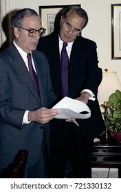 Washington DC. USA, 27th October, 1990
Senators George Mitchell And Robert Dole Look Over The Budget Bill Before Sending To The Full Senate For Approval. 
