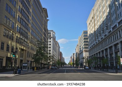 Washington, DC - USA - April 08, 2020: 14th Street North West During Covid19 Lock-down, Empty Of Car And People. 