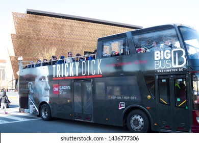 Washington, DC, USA – April 1, 2019: Local Metro Bus With Advertisement For Richard Nixon TV Program