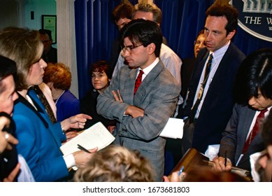 Washington DC, USA, April 12, 1993
White House Communications Director George Stephanopoulos (center) Briefing Reporters In The Press Briefing Room