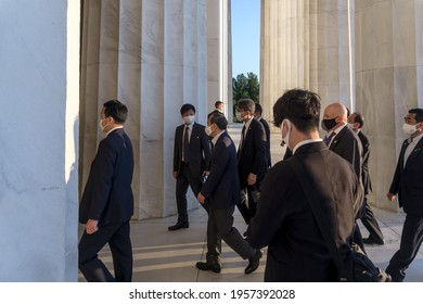 Washington, DC, USA - April 17, 2021: Japanese Prime Minister Yoshihide Suga Visited The Lincoln Memorial In Washington, DC While In Town To Have Meetings With President Biden.