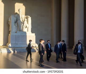 Washington, DC, USA - April 17, 2021: Japanese Prime Minister Yoshihide Suga Visited The Lincoln Memorial In Washington, DC While In Town To Have Meetings With President Biden.