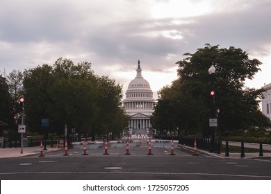 Washington, DC / USA - April 25, 2020: The US Capitol building in Washington, DC houses the House of Representatives and the Senate. It is closed during the COVID-19 pandemic.