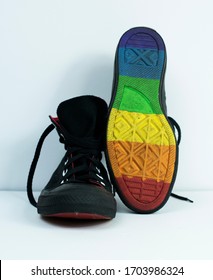 Washington DC / USA - April 7 2020: Pride Rainbow Black High Top Sneakers