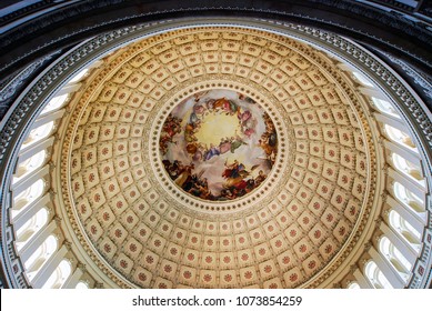 Washington, DC, USA - August 04, 2012: Interior Of The Washington Capitol Hill Dome Rotunda. Low Angle View Of Cupola With Beautiful Frescoes