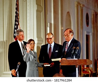 Washington, DC., USA, August 10, 1993
Ruth Bader Ginsberg Is Sworn In As Associate Justice Of The Supreme Court Of The United States. Her Husband Martin Holds The Bible As Rehnquist Delivers The Oath 