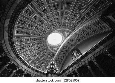 WASHINGTON DC, USA - AUGUST 20, 2014: A wide angle view of the rotunda ceiling of the United States House of Representatives chambers in the US Capitol building. (Scanned from black and white film.)