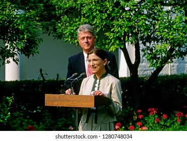 Washington, DC. USA, August 3, 1993
Newly confirmed by the Senate Judiciary committee Ruth Bader Ginsburg Associate Justice of the Supreme Court speaks to the news media in the White House Rose Garden