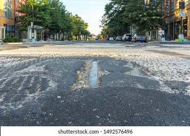 Washington, DC /USA - August 31, 2019: As Renovations Continue On 14th St NW, Old Streetcar Tracks, Which Have Been Paved Over For Several Decades, Have Been Exposed.  