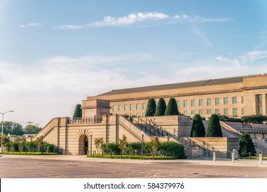 WASHINGTON DC, USA - AUGUST 8, 2016: The Pentagon is the headquarters of the United States Department of Defenses one of the world's largest office buildings designed by architect George Bergstrom