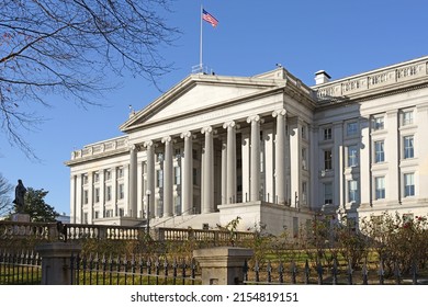 WASHINGTON DC, USA - DEC 20, 2021: Department Of Treasury (USDT), National Treasury And Finance Department Of The Federal Government Of The United States Where It Serves As An Executive Department