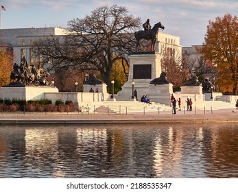 WASHINGTON DC, USA - DEC 20, 2022, Ulysses S. Grant Memorial Statue Over National Mall